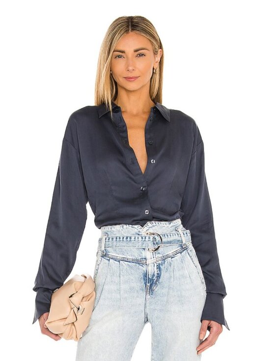 L'Academie Tops - NWOT | L'Academie Bastina Satin Button Down Blouse | Navy Blue | Size S